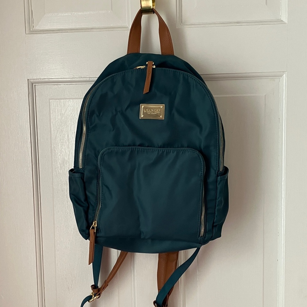 LAUNDRY teal backpack nylon & vegan leather 15 x 12” EUC